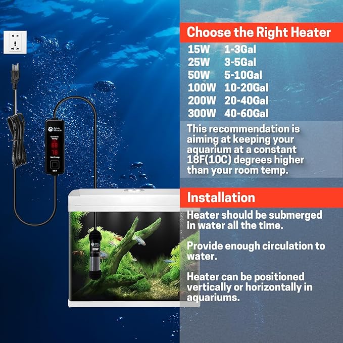 AquaMiracle Upgraded 25W Small Aquarium Heater Fish Tank Heater Turtle Heater Super Mini Aquarium Heater, Dry-Run/Overheating Protection and Memory Function, Dual LED Display, for 3-5 Gal Tanks