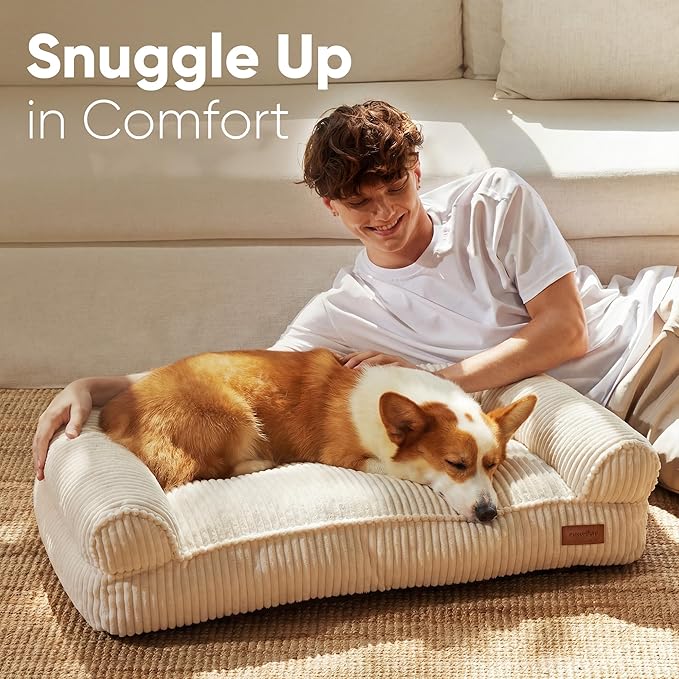FUKUMARU Dog Couch Bed, Corduroy Cozy Cat Bed for Indoor Cats with Washable Cover, 28in Waterproof Orthopedic Dog Beds Sofa for Small Dogs and Large Cats, Cute Warm Cotton Pet Sofa, Cream