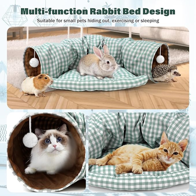 BWOGUE Bunny Tunnel Bed, 2-in-1 Collapsible Tunnel Tubes Toys with Removable Mat Hideout for Cats Kittens Rabbits Guinea Pigs Kitty (GreenPlaid)