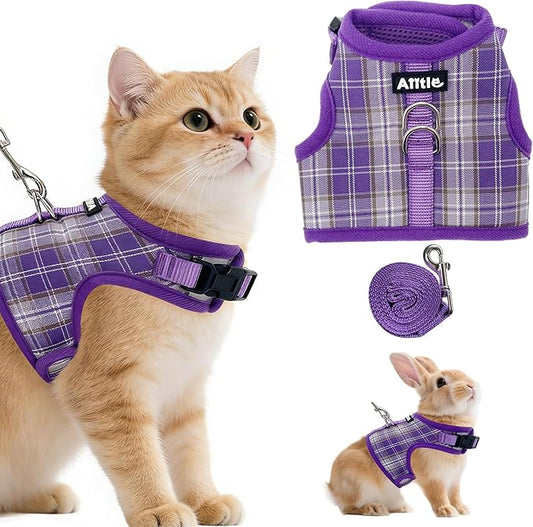 AIITLE Adjustable Bunny Harness & Leash Set - Soft Mesh Liner, Comfort Fit Plaid Pattern Vest with Magic Tape Design, Portable for Small Animal Pets Rat Squirrel Ferret Puppy Cat, Purple L