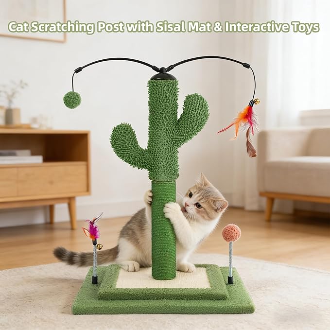 YUNIQUE Cactus Cat Scratching Post with Sisal Rope, Small Cat Tree with Dangling Balls & Feather for Kittens (Green, 22.8'')