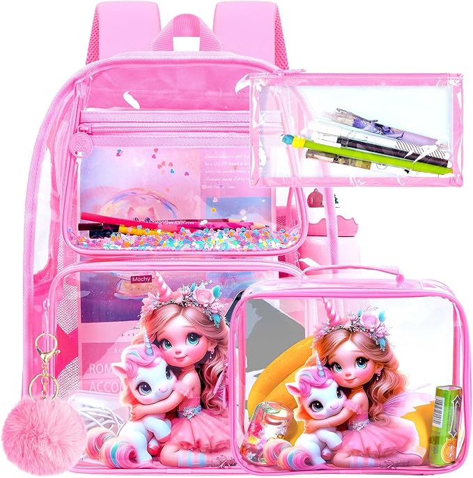 Clear Backpack for Girls and Boys, Kids Transparent Bookbag, 3PCS Cute See Through School Bag for Elementary Prechool