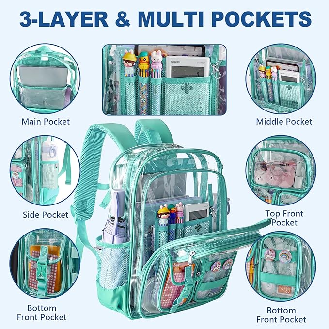 Clear Backpack, Heavy Duty PVC Transparent Backpack with Reinforced Bottom, See Through Multiple Pockets Large Capacity Bookbag for Work Security Travel Festival