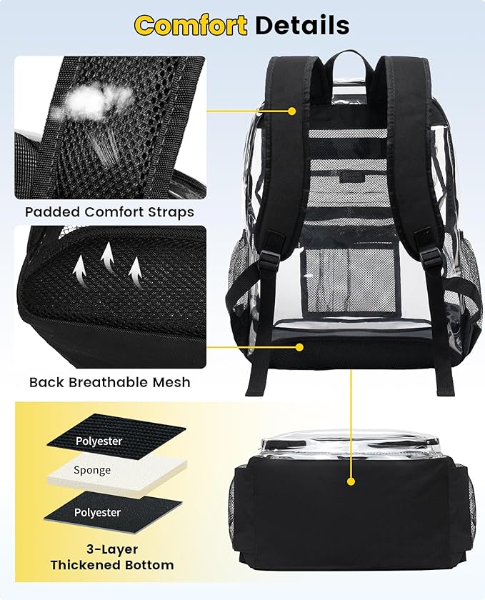 Vorspack Clear Backpack for School - Heavy Duty See Through Bookbag for Girls Boys Extra Large Transparent Backpacks for Work, Travel - Black