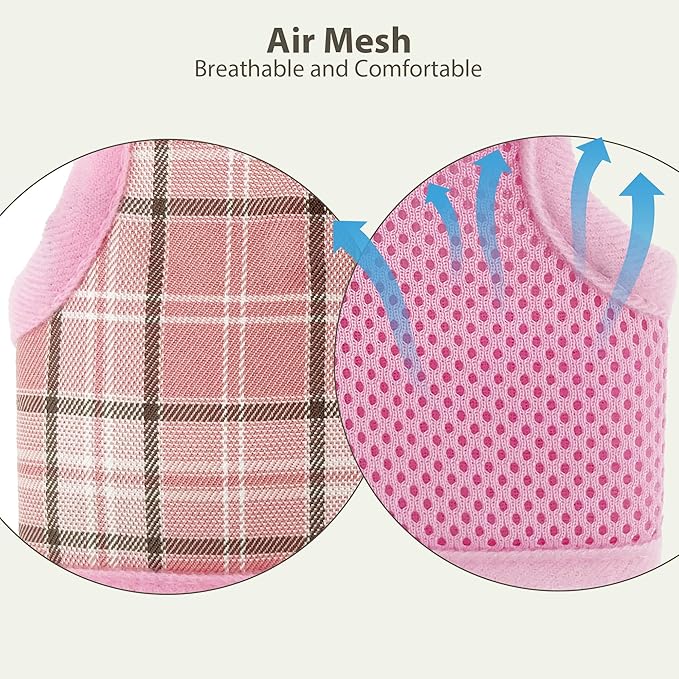 AIITLE Bunny Harness and Leash Set Escape Proof - Magic Tape Design, Lightweight Plaid Pattern Mesh Padding, No Choke No Pull for Puppy Cat Rat Squirrel Ferret, Outdoor Walking Running, Pink S
