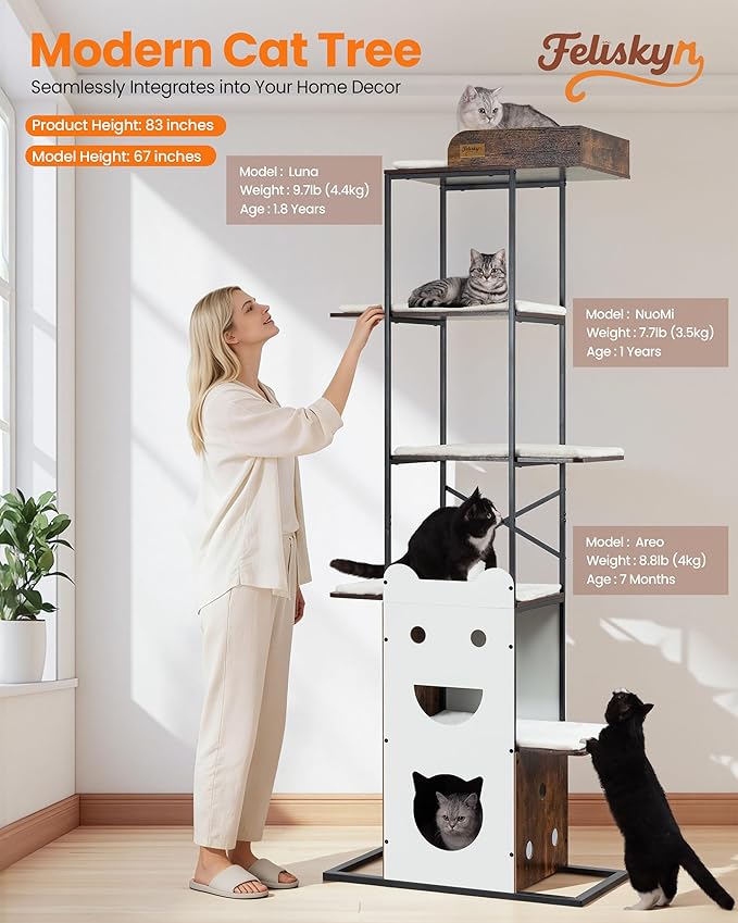 Wood Cat Tree Tower, 84 Inch Modern Extra Tall Cat Condo Trees for Indoor Cats Large Adult, XL Multi-Level Heavy Duty Wooden Sturdy Cat House Furniture with Platform Perch Bed Scratching Post