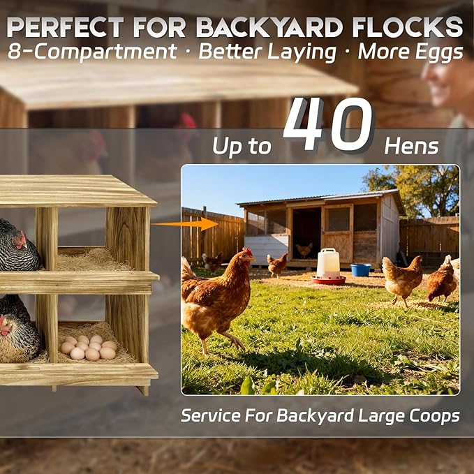 8 Holes Wood Nesting Boxes for Chickens, Gold Standard Two-Tier Chickens Nesting Box for Laying Eggs, Farmhouse Series Laying Boxes for Hens, Ducks and Birds
