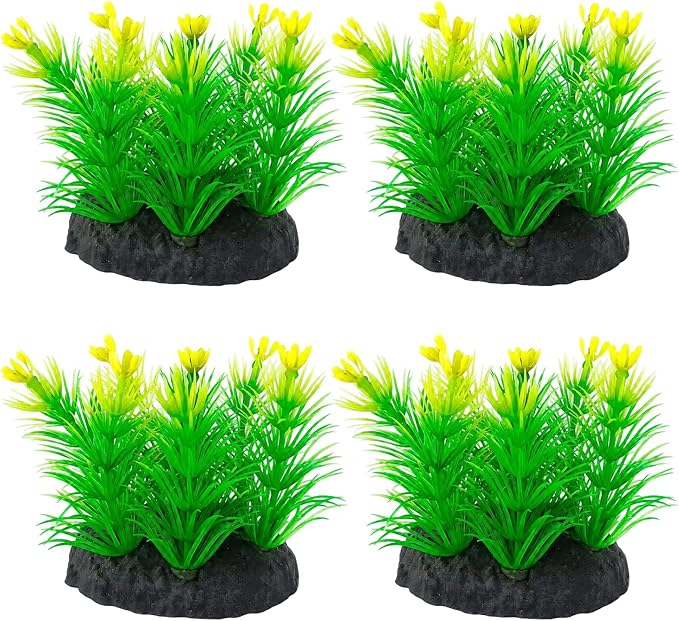 Moonorange 4pcs Artificial Flowers Plants Pine with Base Grass Fish Tank Plastic Landscape Decor