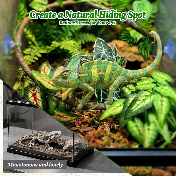 5 Pcs Reptile Plants & Habitat Decor Kit - 3 Artificial Plants & Large 3.3ft Jungle Vine Branch, TTerrarium Hanging Plants Vines for Crested Gecko, Leopard,Bearded Dragon, Lizard,Chameleon,Ball Python