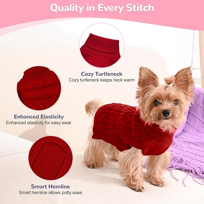 2 Pack Dog Sweaters for Small Dogs Winter Turtleneck Pullover Cable Knit Fleece Stretch Puppy Doggie Chihuahua Toy Poodle Yorkie Pomeranian Boy Girl Pet Clothes (XS, Pink & Red)