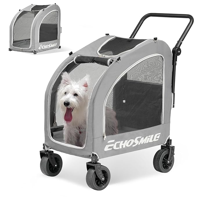 EchoSmile 4 Wheels Pet Stroller, Dog & Cat Stroller for All-Season, Lightweight Carrier with Storage Basket, Adjustable Handle, Removable Pad, Breathable Mesh, Up to 135 lbs, Grey