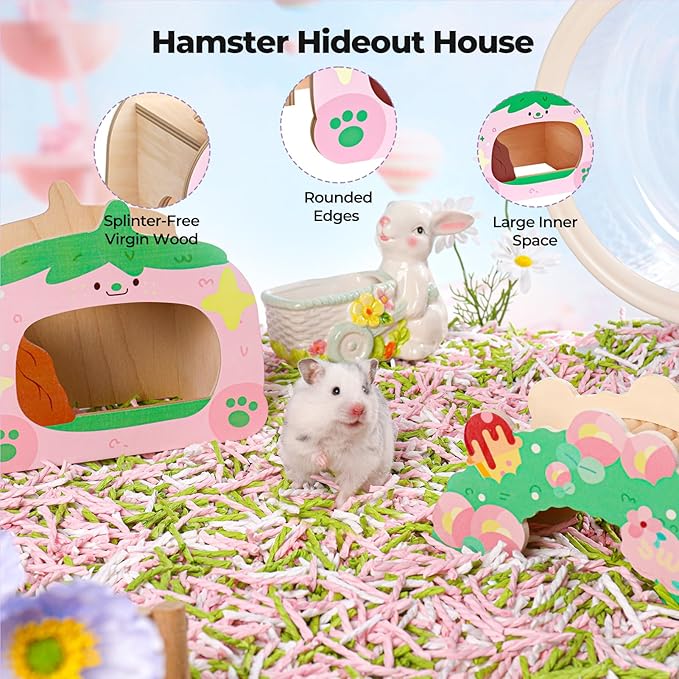 mini&moe Hamster Houses and Hideouts - Wooden Hamster Hideouts Multiple Entrances Small Animal Habitat Cage Accessories & Decor for Syrian Dwarf Gerbils Rat Mouse