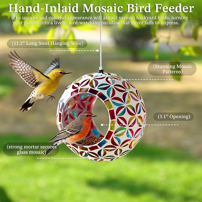 VOREEN Mosaic Glass Bird Feeder, Handcrafted Hanging Fly-Through Feeder for Outdoor Garden & Backyard, Decorative Wild Bird Feeder with Steel Wire Cable –Colorful Floral Mosaic Style