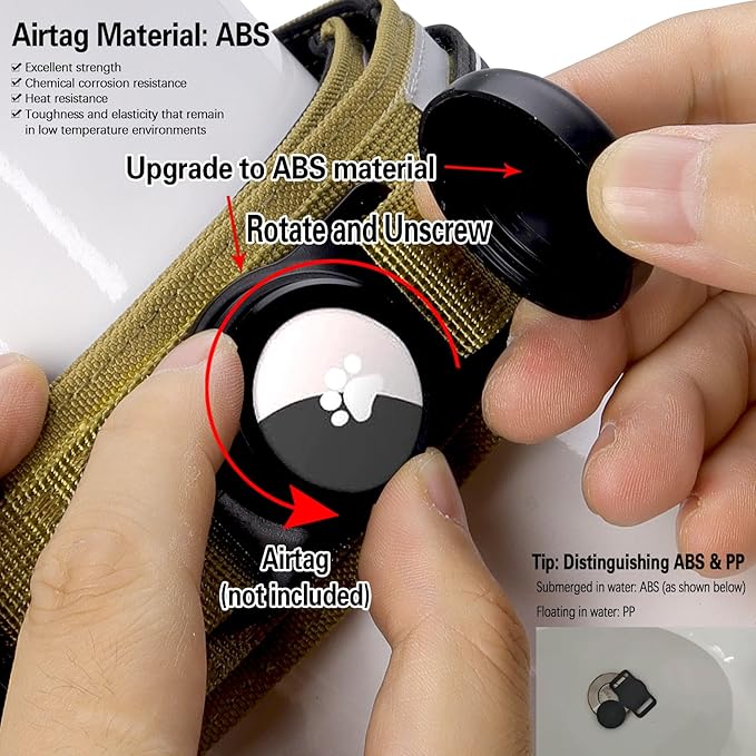 AirTag Dog Collar, 2" Wide Tactical Military Army Dog Collar with AirTag Holder & 3 Pet Patches, Soft Padded Reflective Waterproof Nylon Collar with Metal Buckle for Large Dogs (Khaki, L)