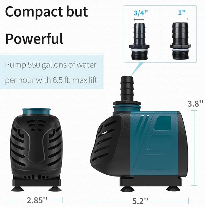 Uniclife Aquarium 550 GPH Submersible and Inline Water Pump 45W 6.5ft High Lift AC 120 V Quiet Compact Return Pump with 6 ft. Power Cord for Fish Tanks Pond Waterfalls Fountains Sumps and Gardens
