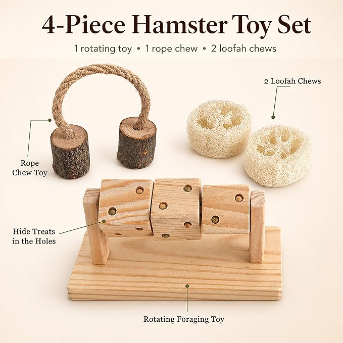 4 in 1 Hamster Chew Toy Set, Wooden Foraging Toy with Rotating Cubes, Apple Wood Chew and 2 Loofah Chews for Hamsters, Gerbils, Mice, Small Animals
