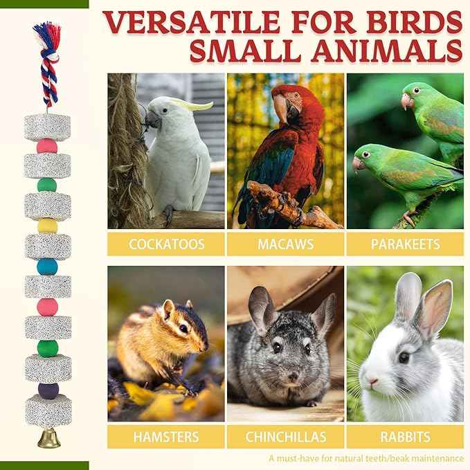 4 Pack Parrot Chewing Toys, Bird Beak Grinding Calcium Stone with Bell, Lava Mineral Block Cage Accessories for Parakeet Budgie Macaw Cockatoo Cockatiel Rat, Long+ Short