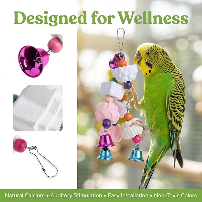 1PC Premium Bird Beak Grinding Stone & Calcium Block Chew Toys with Bell for Parakeets, Cockatiels, Conures, Budgies - Natural Mineral Teeth Trimmer for Small Birds & Rodents