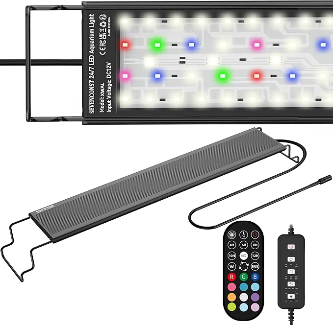 24/7 LED Aquarium Light with Remote for 36-46 Inch Plant & Fish Tank IP68, 12-Color & Gradient & Full Spectrum Light with Timer, Auto On/Off, Brightness, Extendable Brackets for Freshwater