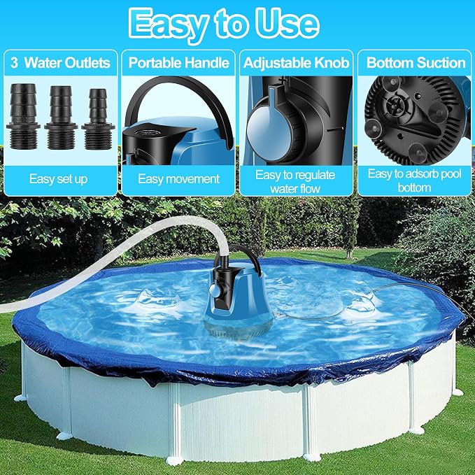 Submersible Water Pump,Adjustable Flow Sump Pump,Water Removal Pump | Electric Pool Cover Pump Above Ground,Portable Water Pump for Pool Draining with 10ft Drainage Hose,3 Adapters,950GPH