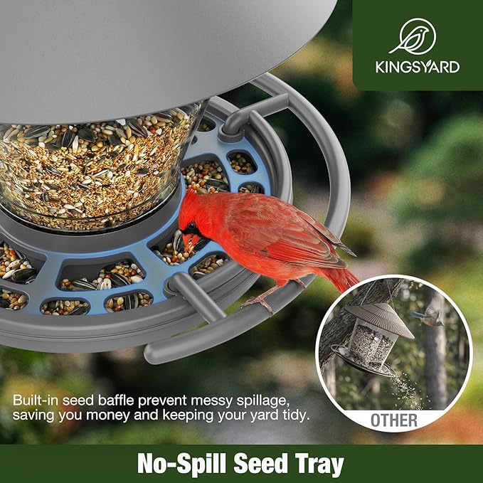 Kingsyard Wild Bird Feeder for Outdoors Hanging, No-Waste Tray with Seed Guard & Circular Perch, Garden Yard for Cardinal Finch, 4 lb Large Capacity, Grey