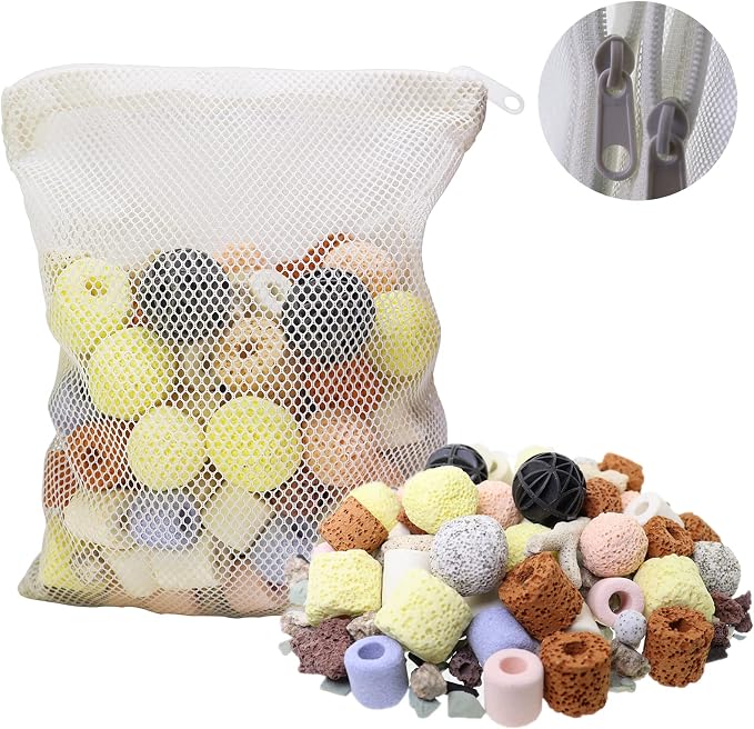 Aquarium Filter Media 15-in-1 Mineral Balls & Ceramic Rings - 500g with Zippered Mesh Bag for Fish Tank/Pond Filters