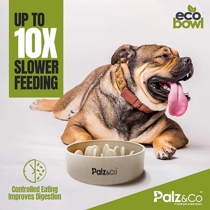 Palz&Co EcoBowl Slow Feeder for Dogs & Cats, 48 oz Beige - Natural Bamboo Puzzle Pet Bowl with Non-Slip Base for Slower Eating & Better Digestion, Dishwasher Safe