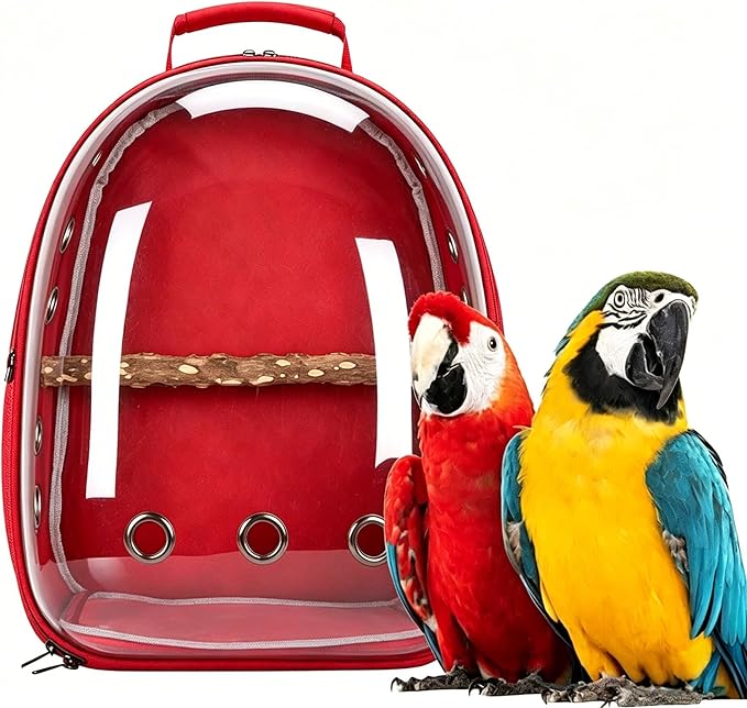 Bird Backpack, Lightweight and Breathable Outdoor Travel Backpack with 12 Breathable Holes, Wooden Pole, Adjustable Shoulder Strap for Birds and Pets (red)