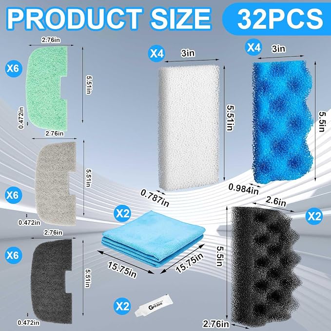 Threlaco 32 Pcs Filter Media Compatible with Fluval 106/107, Aquarium Replacement Maintenance Kit, Including Biological Sponge, Ammonia/Phosphate/Nitrite Remover Pad, Aquarium Towel, Grease
