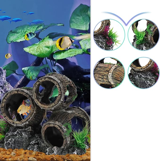 Aquarium Decorations Three Stacked Broken Barrels Fish Tank Decoration Ornament Landscaping Over Rocks Cave Saltwater Freshwater Small & Medium Fish Garden Pond Ornaments Resin