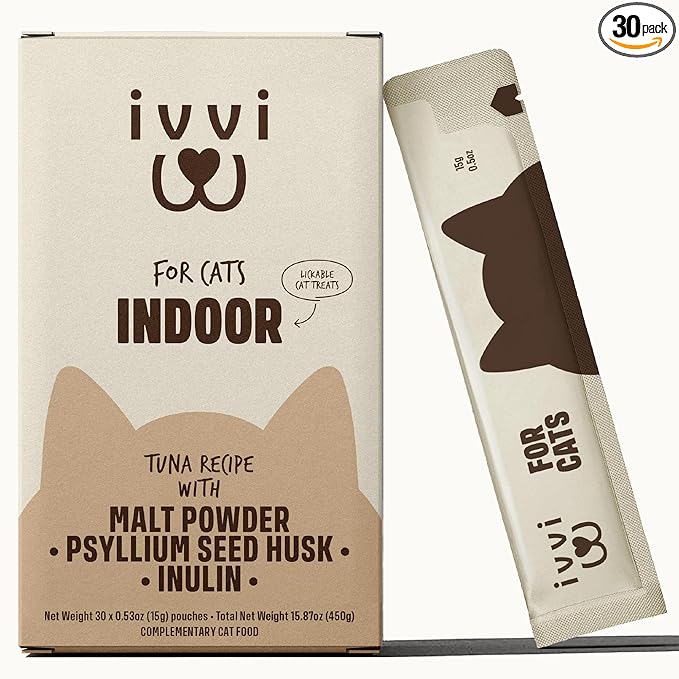 ivvi Indoor Hairball Support Cat Treat – Creamy Lickable Treat for Indoor Cats – Malt & Fiber Digestive Support – Helps Reduce Hairballs – Grain Free – 15g Sachets