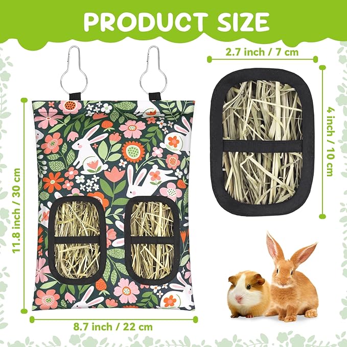 3 Pcs Rabbit Hay Feeder, 2-Hole Hanging Guinea Pig Hay Bags Washable Bunny Hay Bag for Rabbits, Chinchillas, Hamsters, Small Pets and Animals (11.8"×8.7")