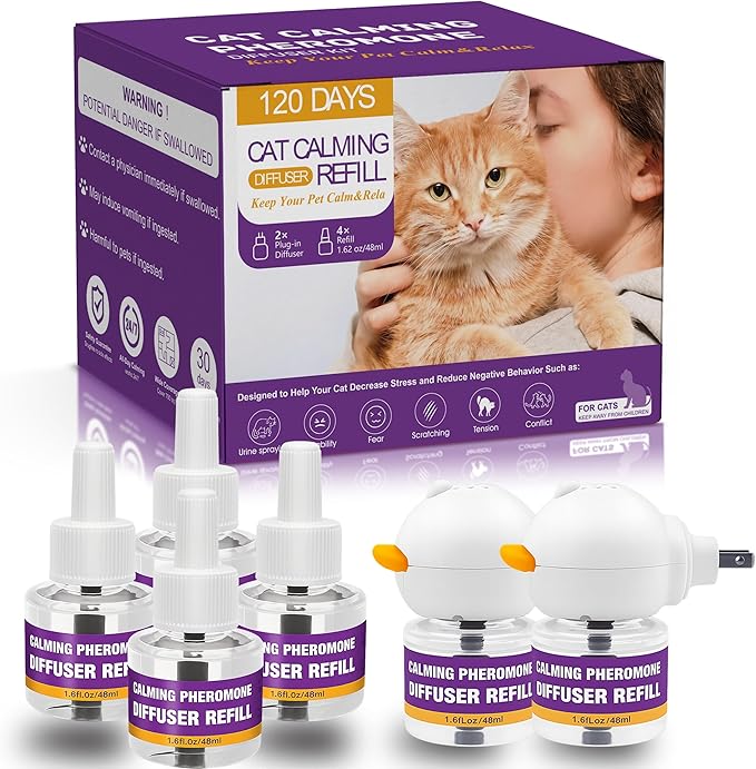 Cat Calming Pheromone Diffuser Kit, Long-Lasting Stress & Anxiety Relief, Reduces Fighting, Spraying & Scratching, Safe & Drug-Free Comfort for All Cats and Kittens 2 Plug-Ins + 4 Refills (48ml Each)