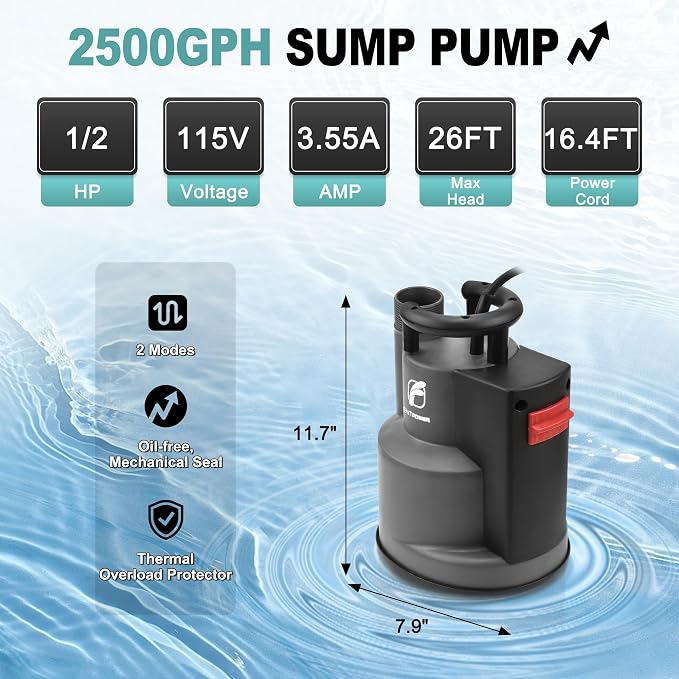 1/2 HP Submersible Sump Pump 2500 GPH, Automatic/Manual Utility Water Pump with Integrated Float Switch, 16.4 ft Cord for Pool Pond Basement Flood Draining