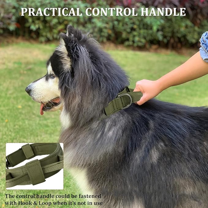 Tactical Dog Collar with Handle - Military Adjustable Dog Training Collar Soft Nylon and Heavy Duty Metal Buckle for Medium Large Dogs - with Patch (Green, X-Large)