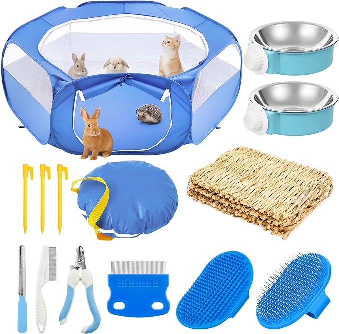 Small Animal Playpen & Grooming Kit, Portable Foldable Pet Playpen with Mesh Top for Rabbits, Guinea Pigs, Hamsters, Hedgehogs, Includes Feeding Bowls, Grooming Tools, and Bedding Mat, Blue