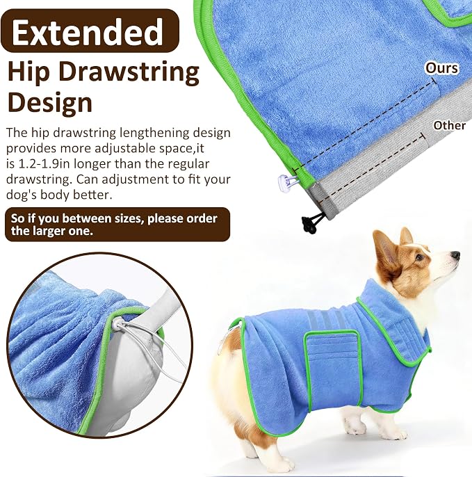 Soft Dog Bathrobe Fast Drying Dog Coat, Super Absorbent Dog Towels for After Bath, Microfiber Pet Robe Adjustable Collar & Belly Warm Keeping Dogs Coat for Pet Dogs & Cats (Blue, Medium)
