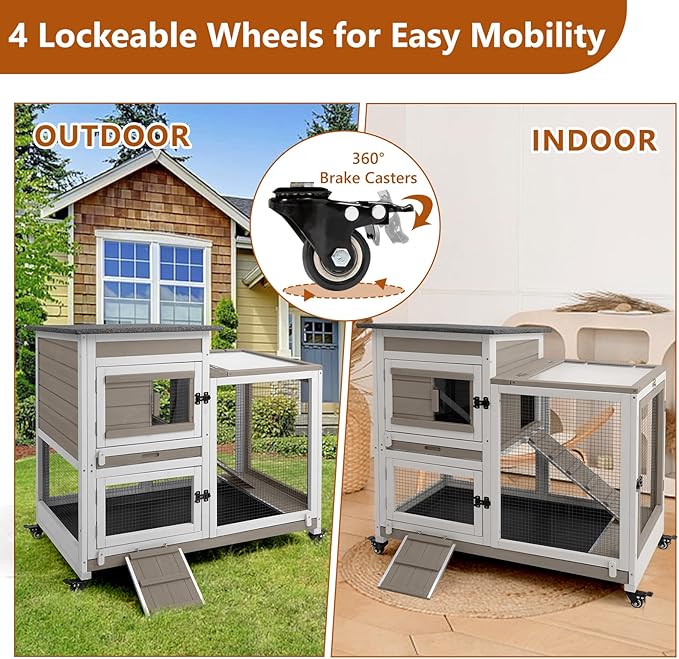 2 Story Rabbit Hutch Indoor with 2 Deeper Pull-Out Trays, Wooden Guinea Pig Cages with 4 Lockable Wheels, Ramp, Chew-Anti Metal Strip for Rabbit, Guinea Pig, Hamster(40.2" L X 23.2" W X 36.6" H)