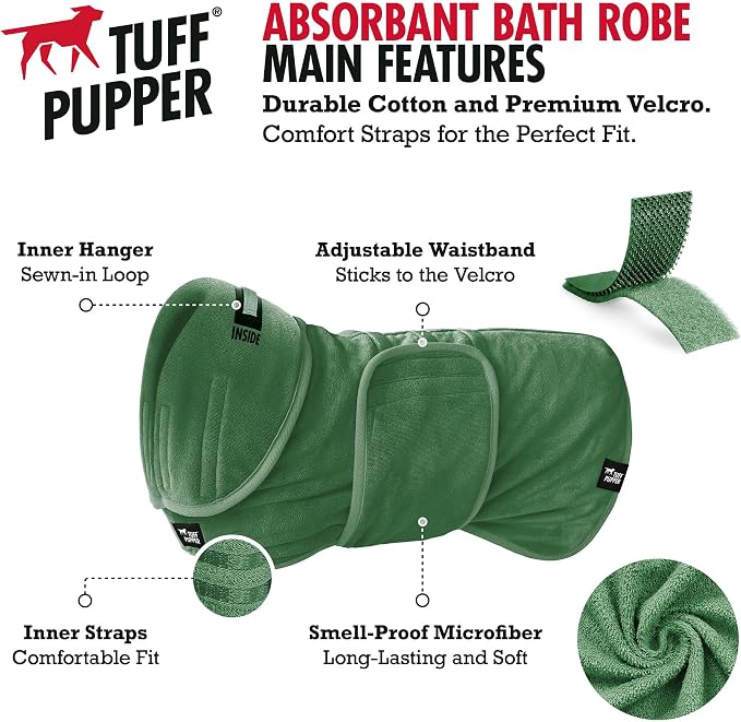 Tuff Pupper Fast Drying Dog Bath Robe | 800 GSM Plush Dog Towel Bathrobe/Dressing Gown | Super Absorbent Pet/Puppy Bathrobe | Adjustable Hood & Belly Strap | Super Soft | Fast Drying (L, Green)