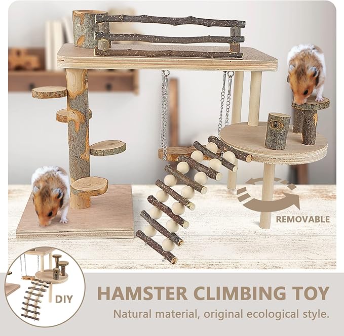 VolksRose Wooden Hamster Playground Platform, Hamster Climbing Toy, Natural Living Climb System, Small Animals Activity Set with Ladder Food Bowl Ramp Bridge for Mouse Gerbil Rat Chinchilla