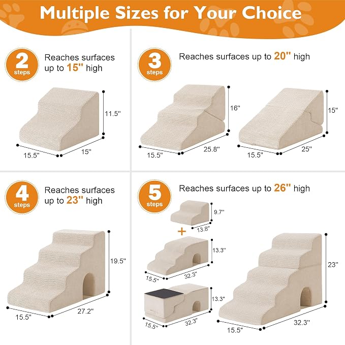 Dog Stairs for Bed 19.5’’ H, 4-Step Dog Steps for High Bed, Pet Stairs for Small Dogs and Cats to Get on Beds, Couch, Non-Slip Balanced Pet Steps and Ramp with Waterproof Cover and Tunnel, Beige