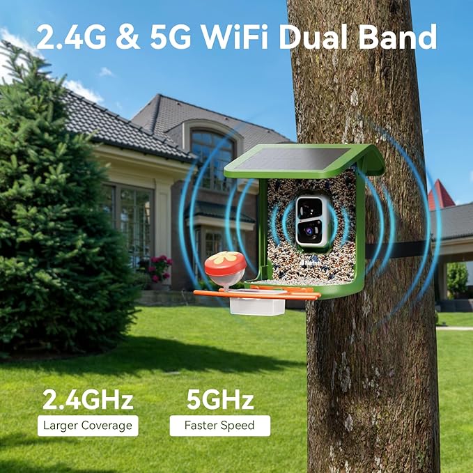 Bird Feeder with Camera, Support 2.4GHz/5GHz, 2K Live Steam for Outdoor, 1.8L Large Capacity, AI Identify Auto Capture Videos, Camera Bird Feeders for Outside, Ideal Gift for Mothers Day (Green)