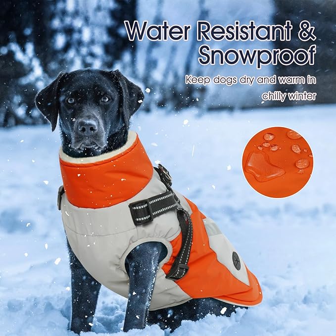 IECOii Dog Coat for Large Dogs, Orange, X-Large - Waterproof Winter Fleece Jacket with Harness, Turtleneck, Reflective Straps, Zipper Closure