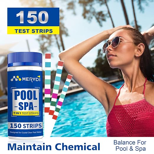 7-Way Pool Test Strips,150 Strips Pool and Hot Tub Test Strips | Accurate Test Bromine,Total Alkalinity,pH,Free Chlorine,Total Hardness,Cyanuric Acid and Total Chlorine