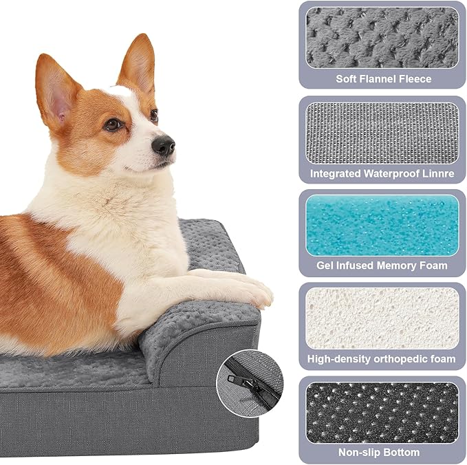 Rainmr Orthopedic Dog Bed for Small and Medium Dogs, Memory Foam Pet Bed with Washable Removable Cover, Nonskid Bottom, Waterproof, for Indoor, Outdoor, Crate ＆ Car Use, 30x20x6 Inches, Dark Grey