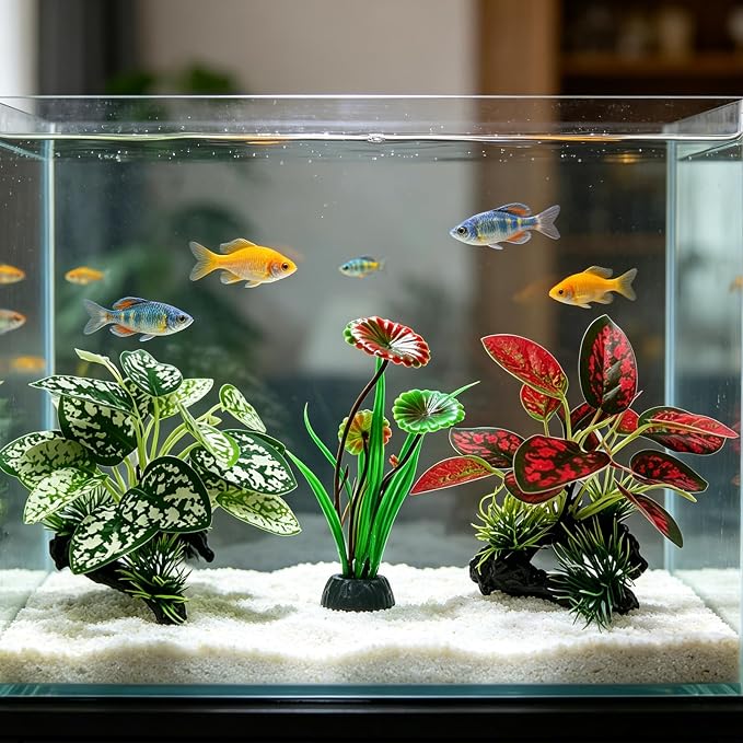 6PCS Silk Aquarium Plants, Underwater Decor Set for Fish Tanks, Silk Plants for Fish Tank, Goldfish, and Shrimp Habitats, Silk Plant Collection with Driftwood and Leaf Varieties