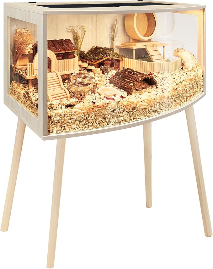 Prolee Hamster Cage with Curved Design,Chew Proof Wooden Hamsters Enclosure with Leg Stand and Openable Top or Gerbils,Hamster Habitat (24"x16"x16")