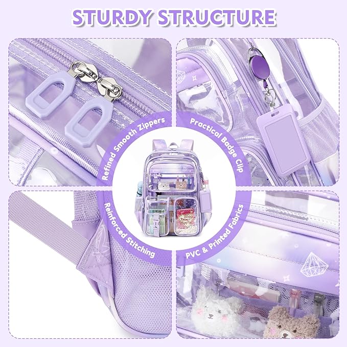 Clear Backpack for School,Transparent Backpack Stadium Events,Heavy Duty Clear Bookbag for Girls,Boys,Work,Sport Purple Sparkle