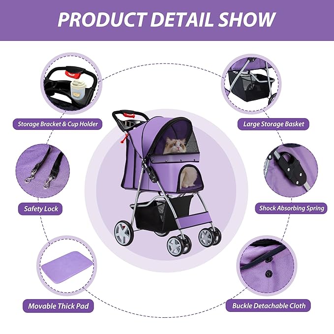 Unisakey 4 Wheels Pet Stroller for Small Medium Dogs Cats 10-33 lbs, Foldable Dog and Cat Stroller with Cup Holder & Storage Basket & Breathable Mesh, Pet Strolling Cart for All-Season, Purple