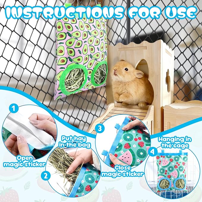 3 Pack Rabbits Hay Feeder Bag, 2 Holes Hanging Bunny Hay Feeder Guinea Pig Feeding Bag Storage Dispenser for Bunny Rabbits Chinchillas Hamsters Small Pets and Animals
